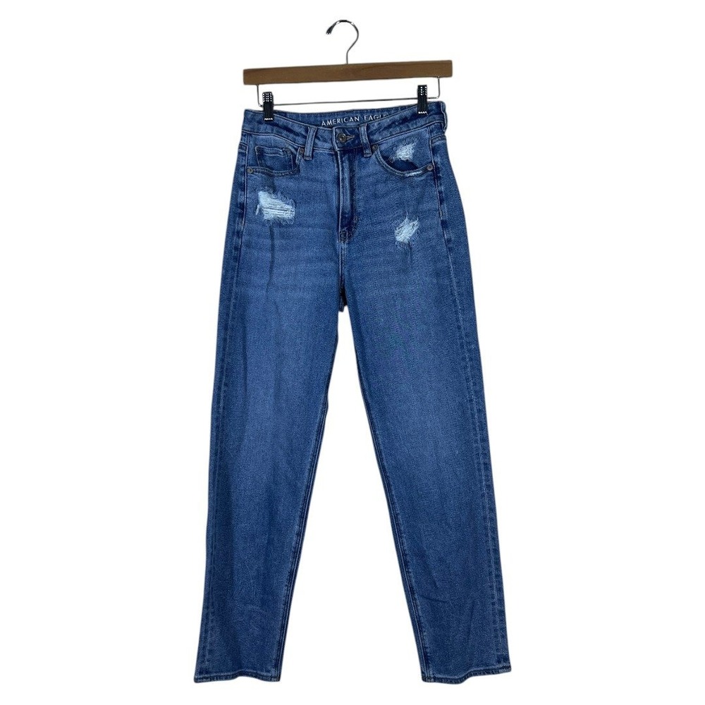 American Eagle Mom Straight Distressed Jeans Medium Wash Stretch Size 4 Regular